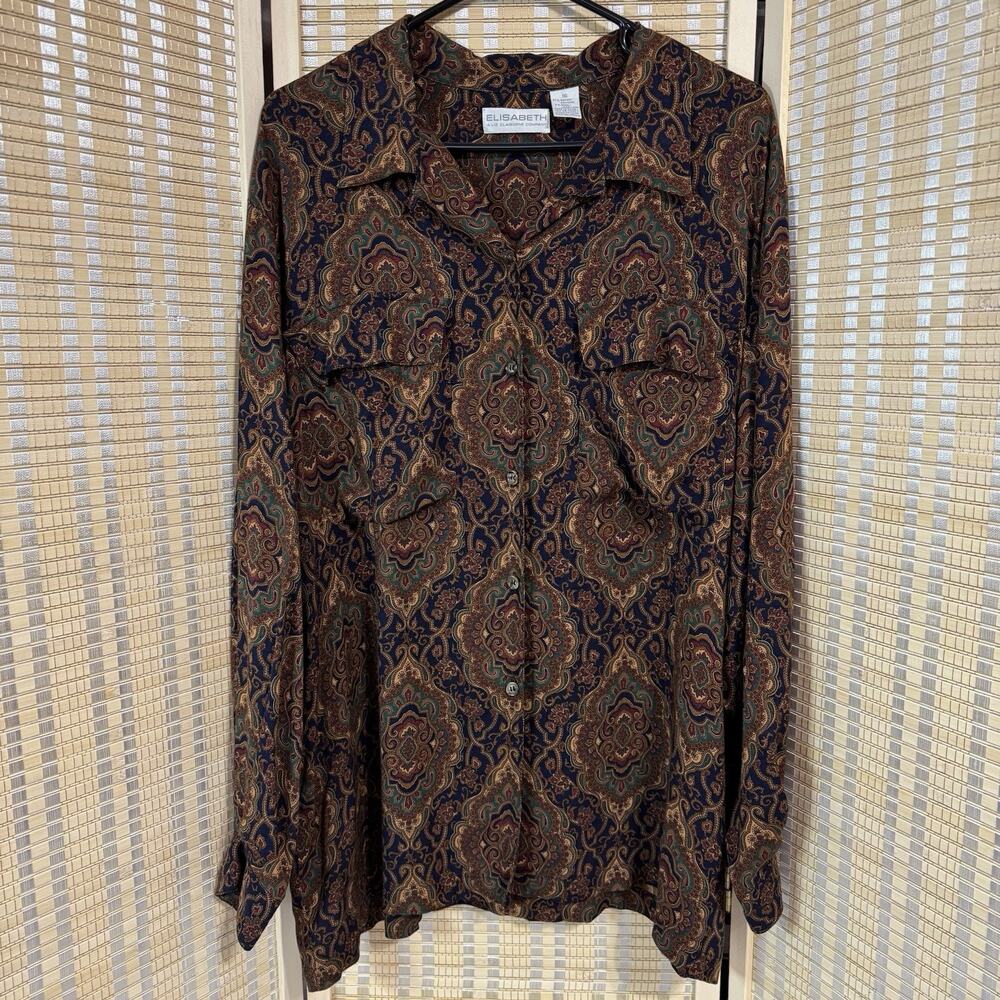 Elisabeth Blouse Women's Size 16 A Liz Claiborne Company Brown Collared ButtonUp
